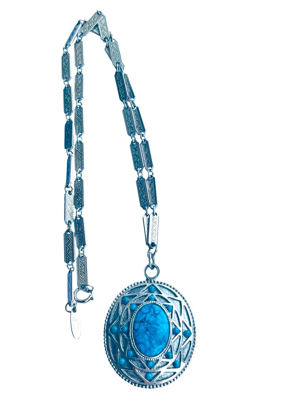 Vintage Whiting & Davis Victorian Revival Faux Turquoise Pendant Necklace 70s - Picture 2 of 15
